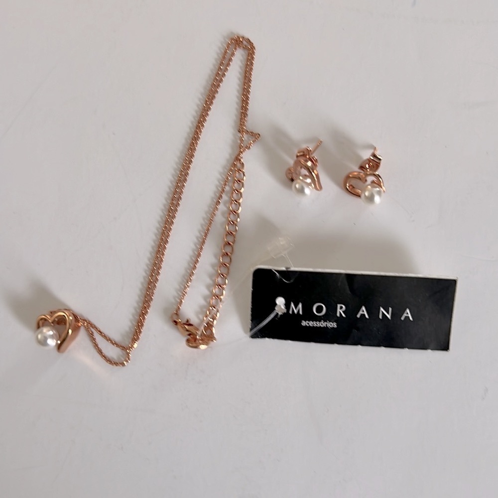 Morana Copper Heart & Faux Pearl Necklace and Earring Set
